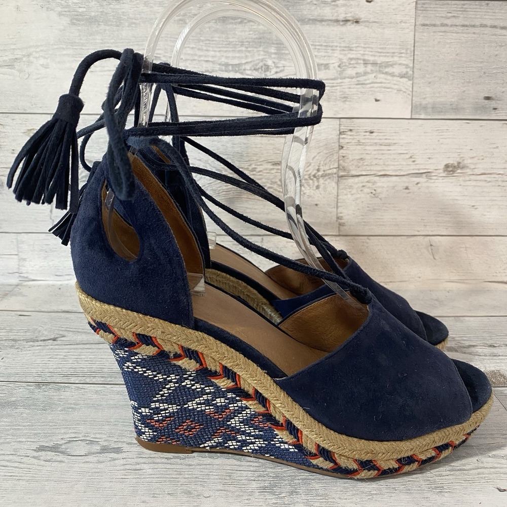 Cabi Sandals Womens 6 M Blue Isla Suede Wedges Espardrille Boho Ankle Tassels